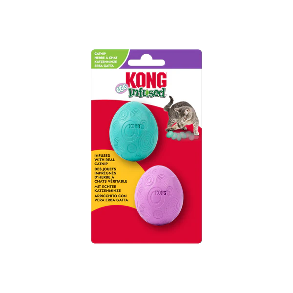 KONG Infused Ei Catnip interactive cat toy in teal and pink egg shapes on red and white packaging with cat illustration.