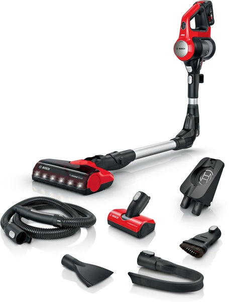 Bosch BCS711PET cordless stick vacuum in red and black with multiple attachments and charging dock.