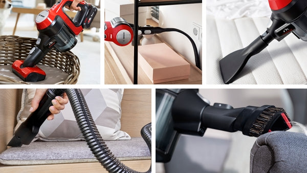 Red and black Bosch BCS711PET cordless stick vacuum with pet hair cleaning attachments in use on sofa and floor.
