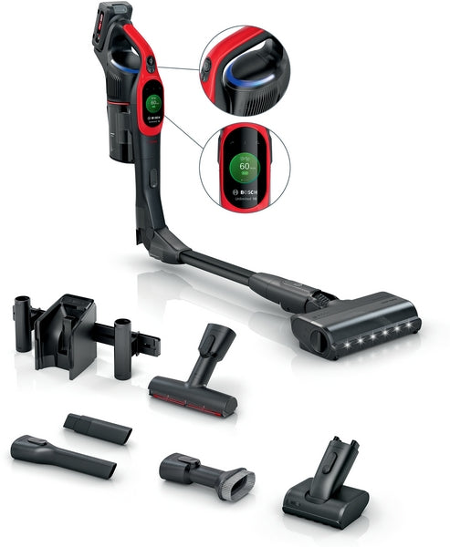 Red cordless Bosch steel vacuum cleaner with multiple pet hair attachments and LED display.