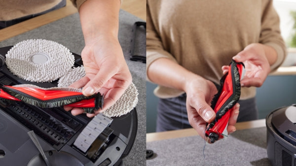 Bosch BCRDW3BX robot vacuum mop replacement red roller brush and white mop pads with person holding parts close-up.