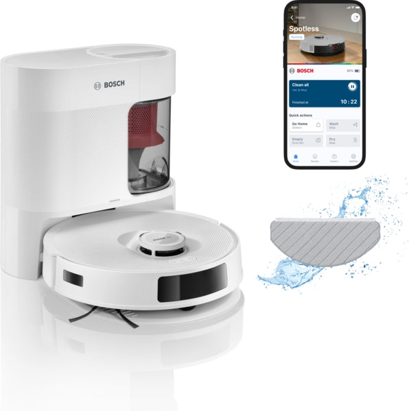 White Bosch BCRD2W robot vacuum with docking station and smartphone app control displayed.