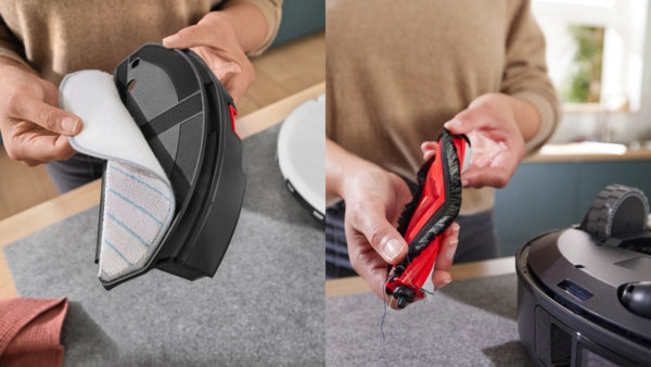 Hands removing dustbin and red side brush from Bosch BCRC2W wireless robot vacuum cleaner on carpeted floor.