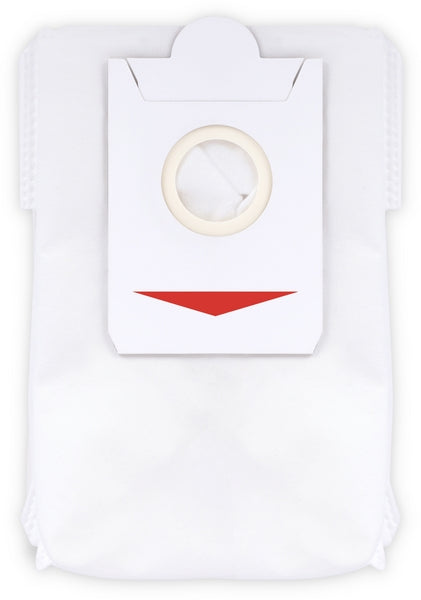 White Bosch vacuum cleaner dust bag with circular cardboard collar and red arrow indicator.