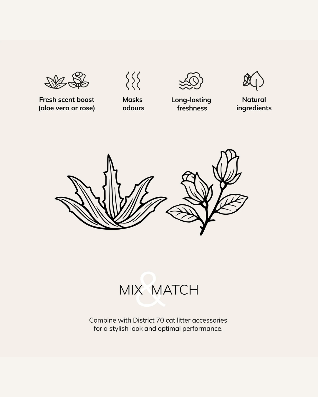 Light beige background with black line art icons of aloe leaves and flowers, along with scent and freshness symbols and.