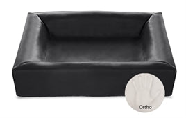 Black orthopedic dog bed with raised edges and smooth, leather-like surface, circular Ortho label on front.