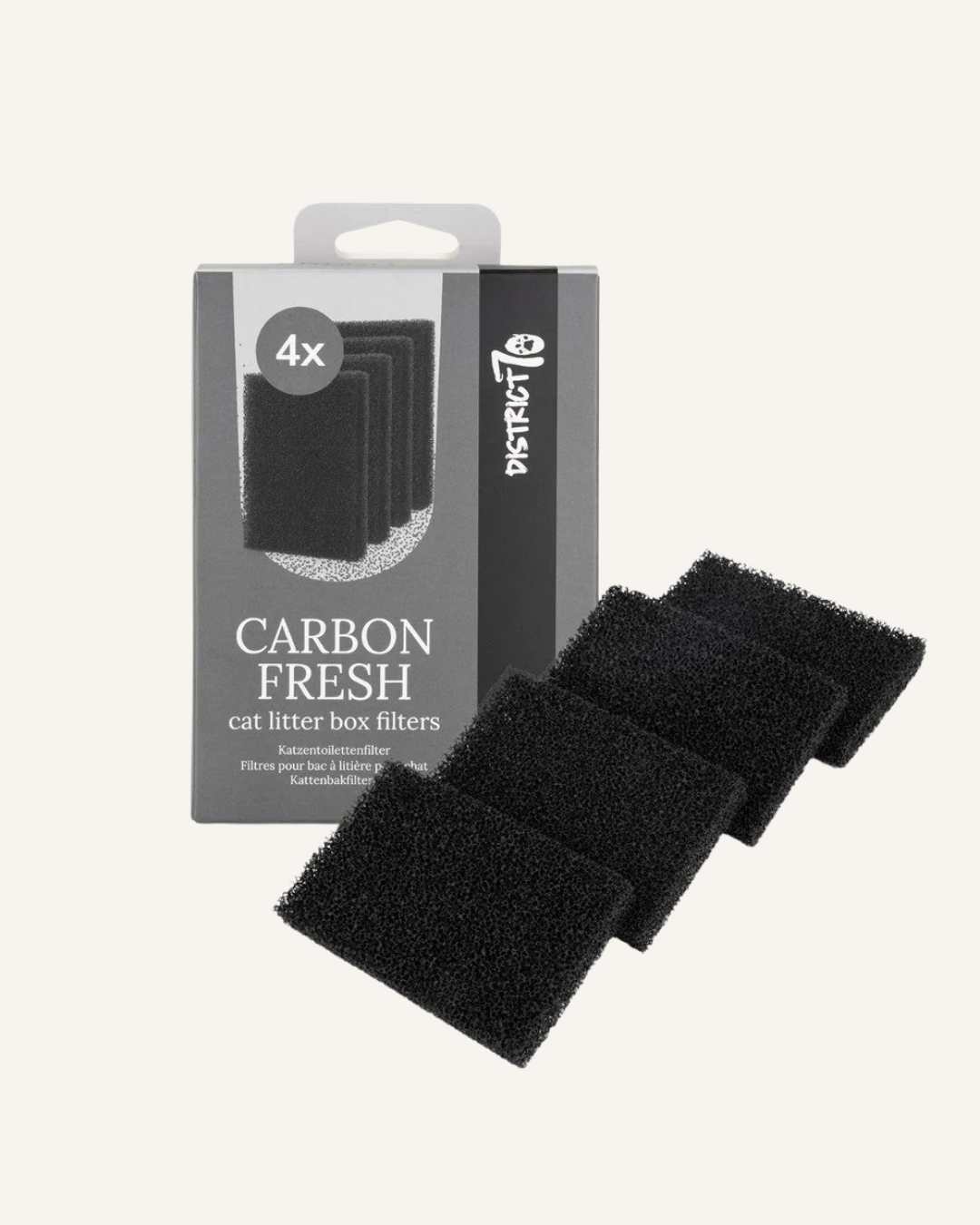 Set of four rectangular black carbon cat litter box filters with packaging box labeled District 70 Carbon Fresh.