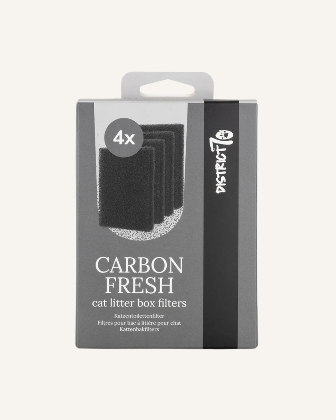 Pack of four black rectangular carbon filters for cat litter boxes in a gray and black box labeled District 70 Carbon Fresh.