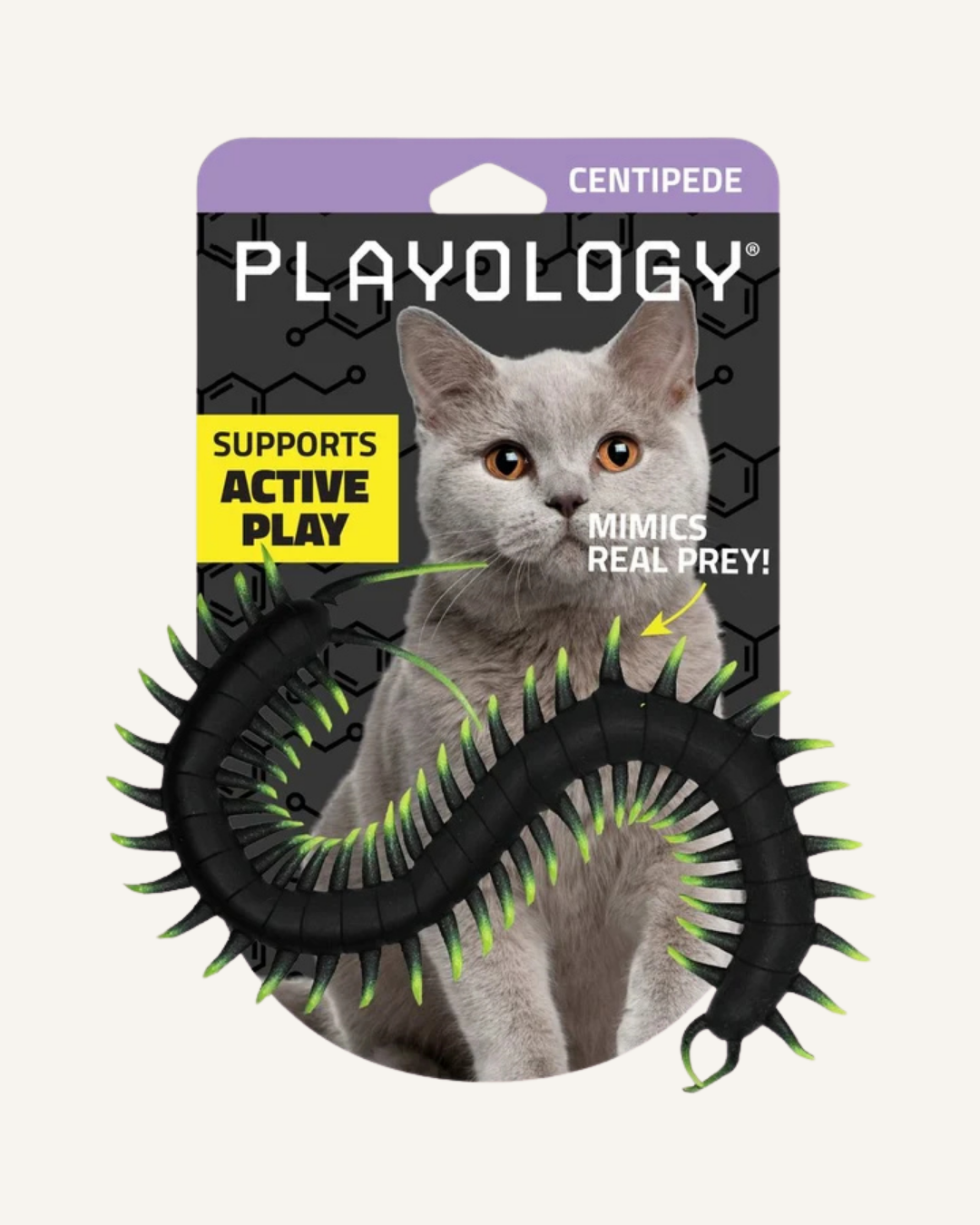 Black rubber centipede cat toy with green spines, displayed on Playology packaging with catnip label.