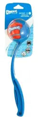 Blue Chuckit Sport Ball Launcher with red and white tennis ball on packaging background.