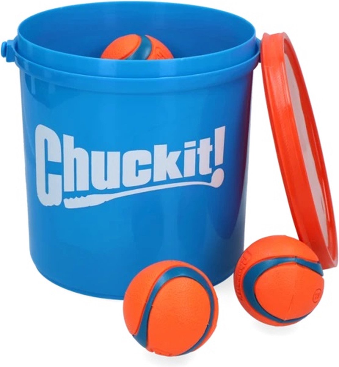 Blue bucket with white Chuckit! logo and bright orange and blue Ultra balls, eight pieces total.