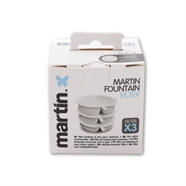 White rectangular box of Martin Fountain drink fountain replacement filters with blue and black text and three stacked.