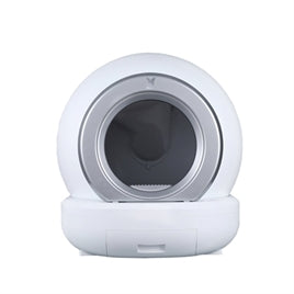 White automatic cat litter box with round entrance and gray inner ring, compact design.