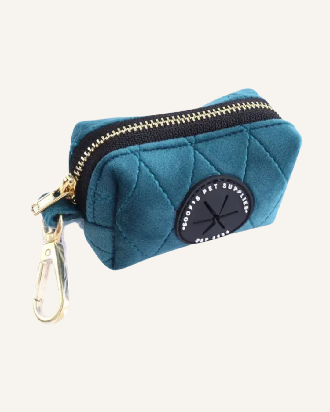 Emerald blue quilted velvet dog waste bag holder with black zipper and gold-tone clip.