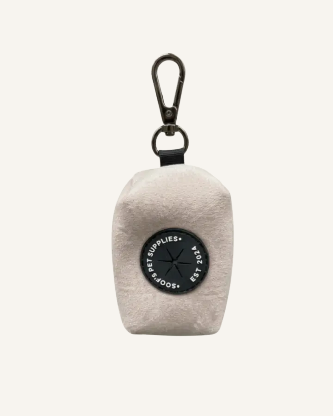 Gray-beige velvet poop bag holder with a rounded pebble shape, black clip, and circular Pawradise logo.