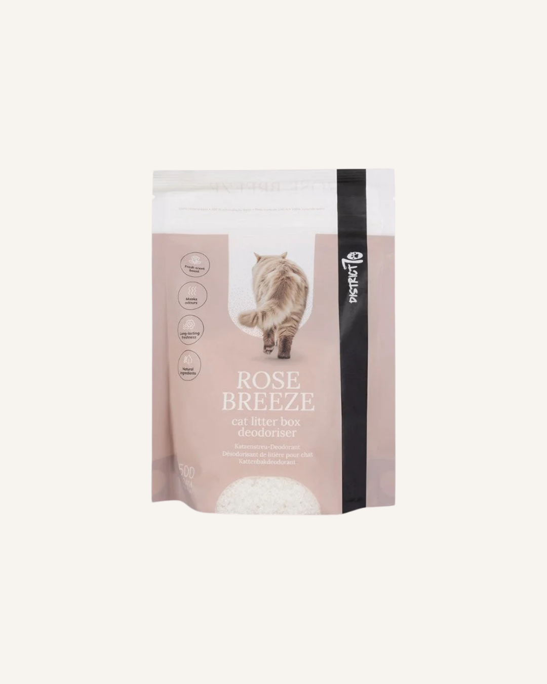 Pink and white resealable pouch of District 70 Rose Breeze cat litter deodorizer with beige cat image and black side stripe.