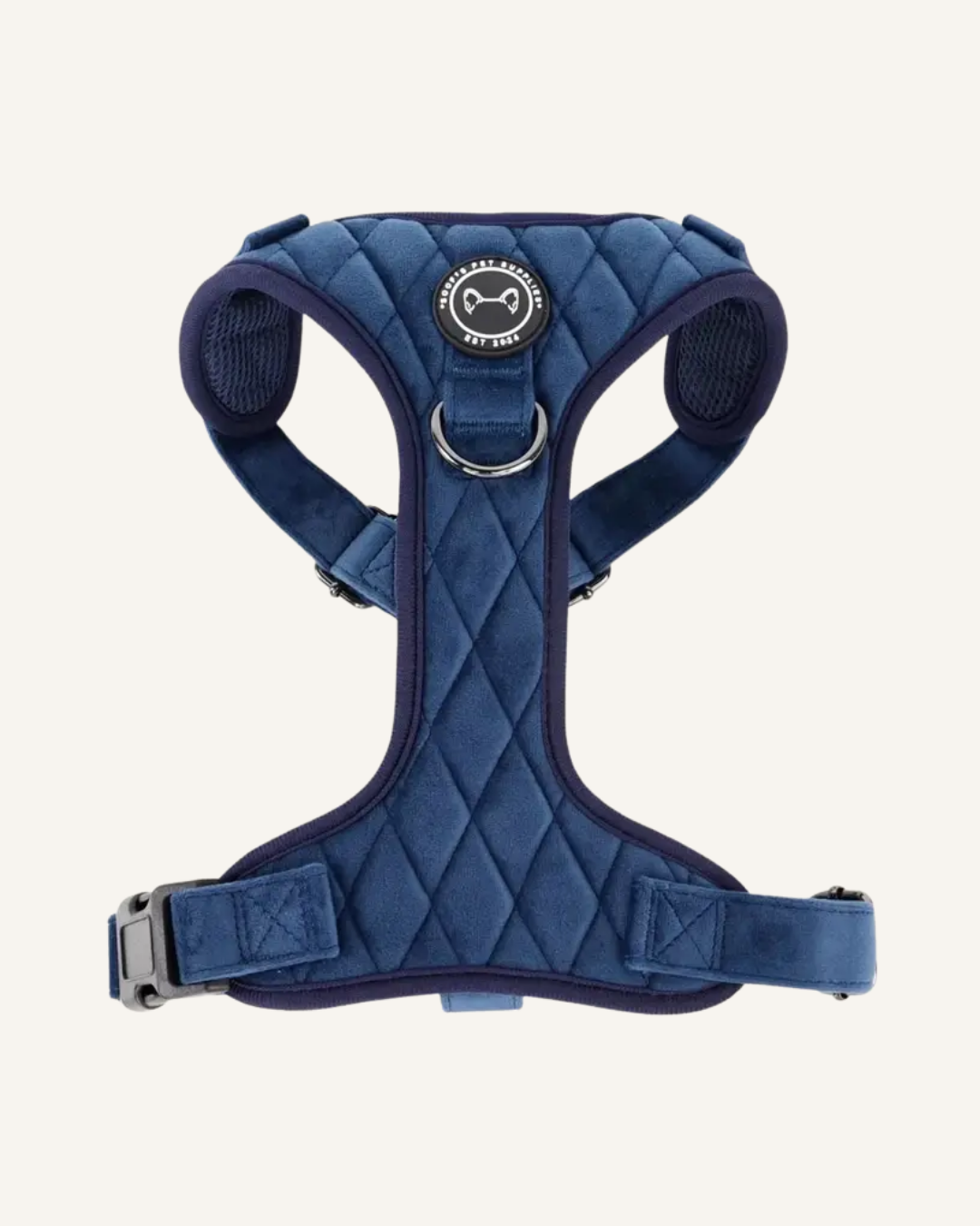 Cobalt blue velvet Y-shaped dog harness with diamond quilting, dark trim, and adjustable buckles.