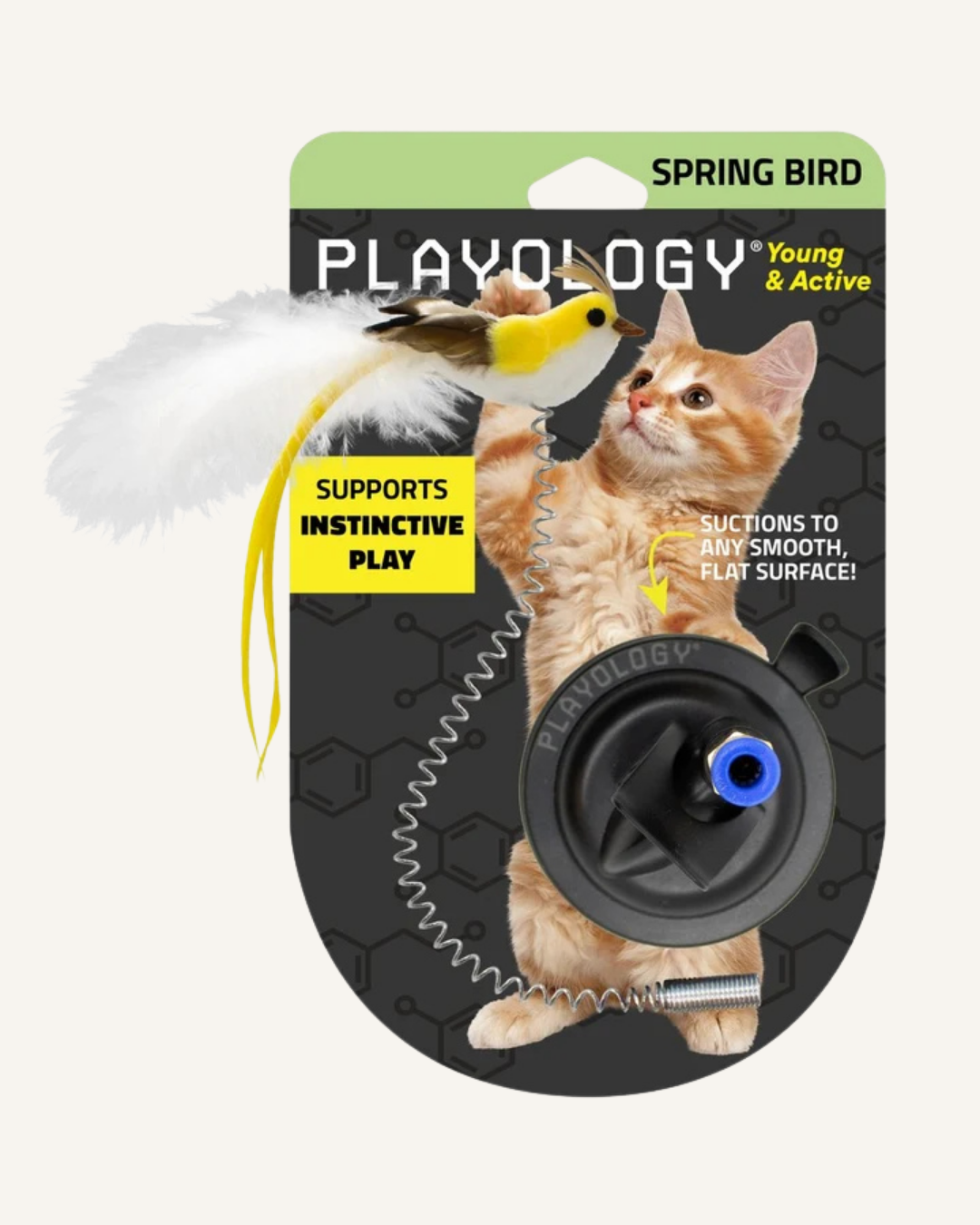 Spring bird cat toy with yellow feathers, a coiled black spring, and a suction-cup base on retail packaging.