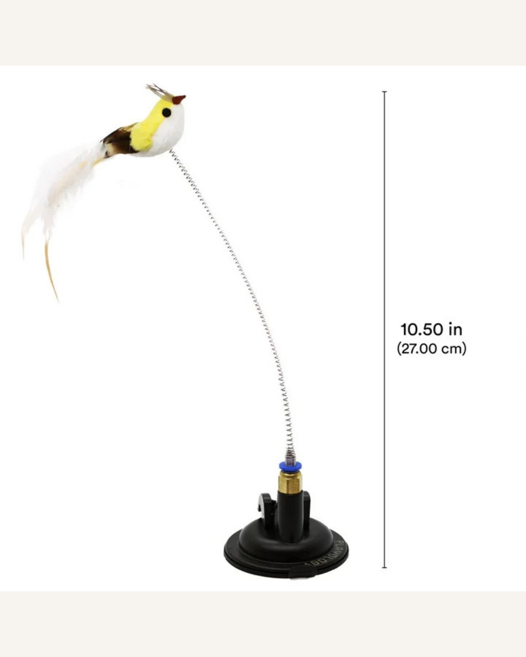 Yellow-and-white feather bird cat toy on a flexible spring with a black suction-cup base.