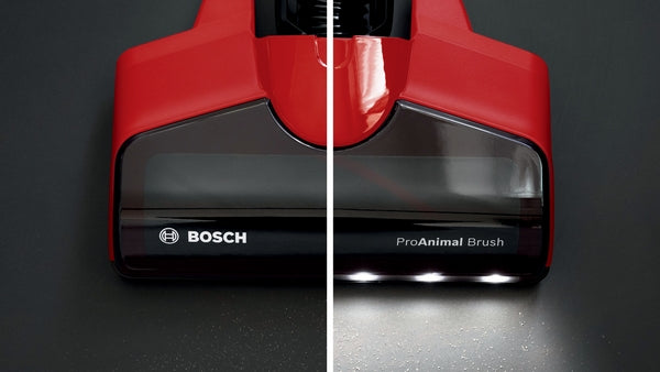 Red and black Bosch ProAnimal brush vacuum head with LED lights and Bosch logo on each side.