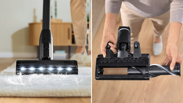 Bosch cordless red steel vacuum cleaner head with LED lights cleaning carpet and hardwood floor.