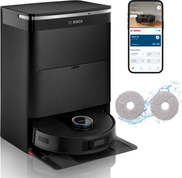 Black Bosch BCRDW3BX robot vacuum with charging base, two mop pads, and smartphone app shown on screen.