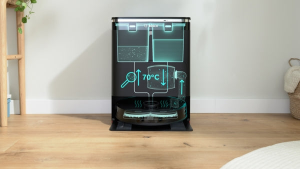 Bosch BCRDW3BX robot vacuum with digital touch display and compact black docking station on wooden floor.