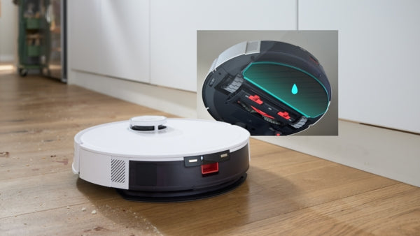 White Bosch BCRD2W robot vacuum cleaner on wooden floor with inset showing water tank for mopping function.