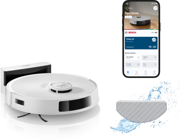 White Bosch BCRC2W robot vacuum with charging dock, smartphone app interface, and cleaning mop accessory.