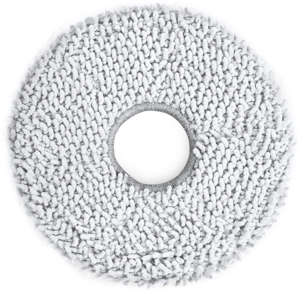 White circular microfiber mop pad with textured woven surface and central hole for Bosch Spotless Max robot vacuum.