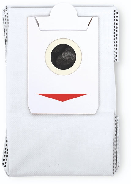 White Bosch vacuum cleaner dust bag with circular cardboard collar and red triangular mark.