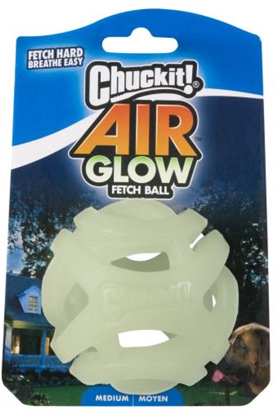 Glow-in-the-dark light green Chuckit Air Glow Fetch Ball with hollow grooves in blue packaging.
