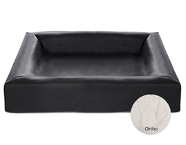 Black orthopaedic dog bed with raised edges and smooth, durable fabric finish.