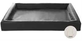 Black orthopaedic dog bed with raised cushioned edges, smooth durable surface, rectangular shape.