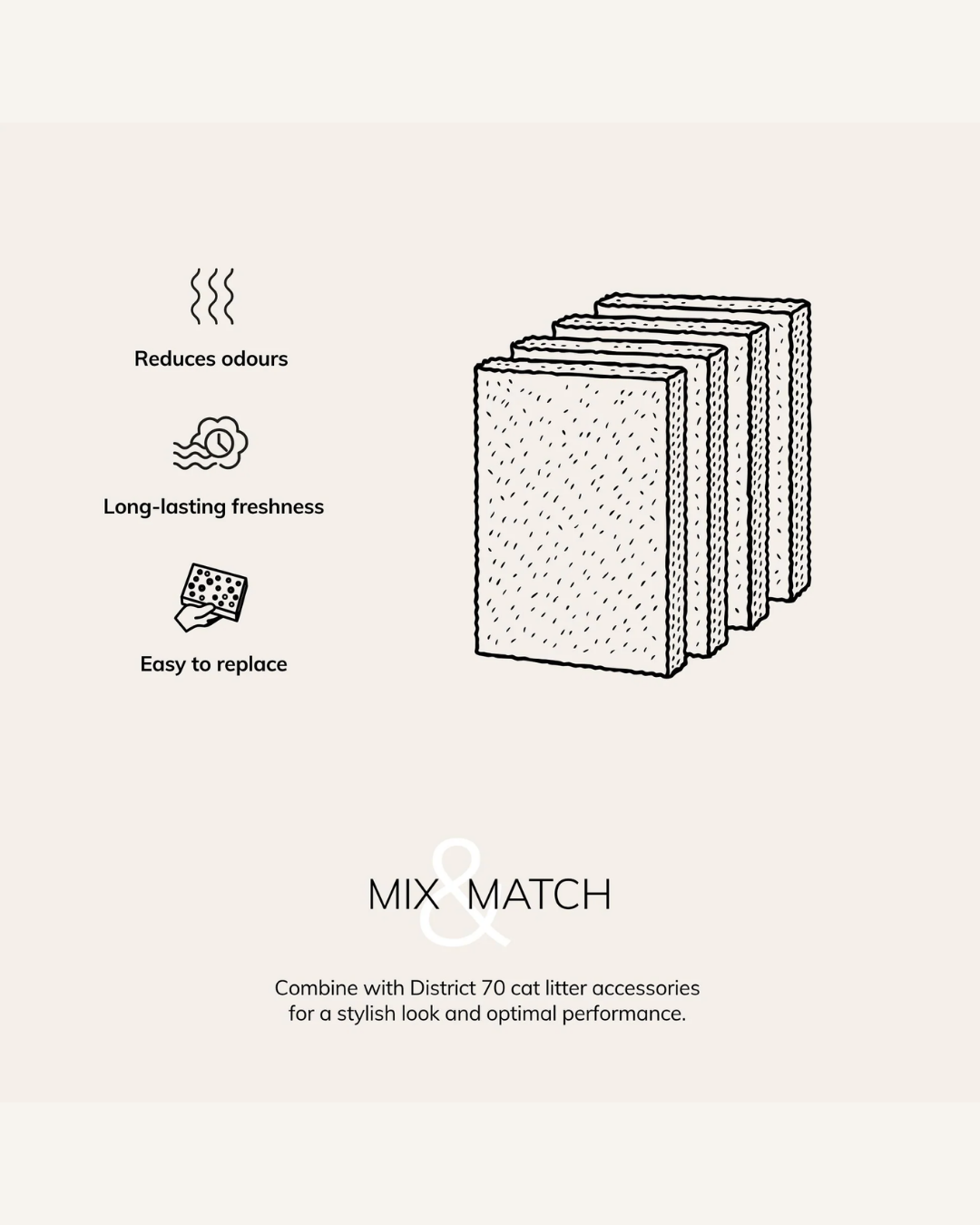 Set of four rectangular charcoal filters with speckled texture, designed for odor reduction and freshness in cat litter.
