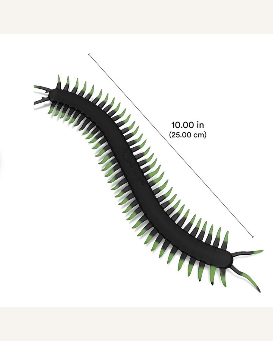 Black rubber centipede cat toy with bright green spikes, curved body, and two antennae, 10 inches long.
