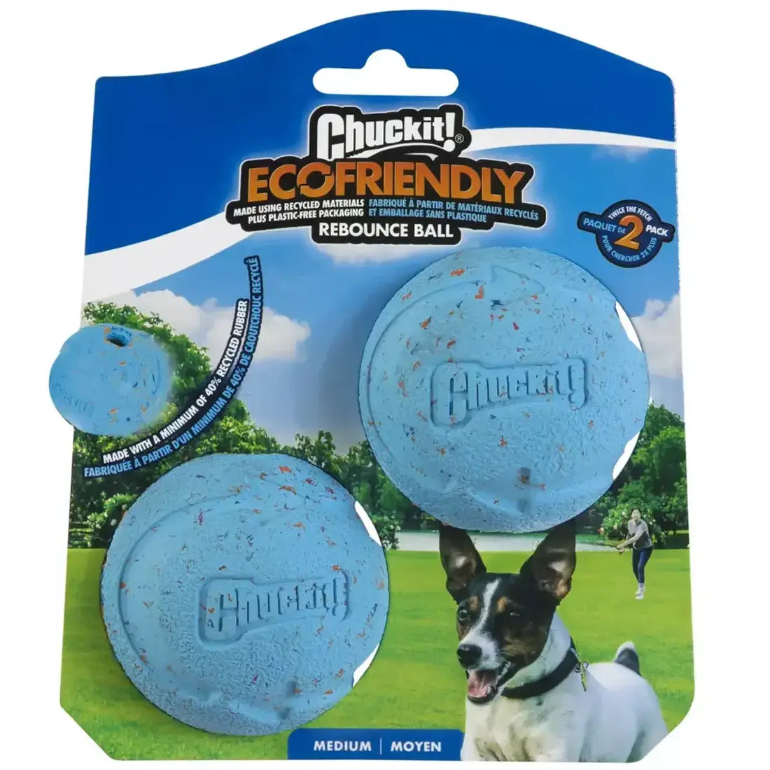 Two medium blue Chuckit Rebounce fetch balls with speckled eco-friendly design in blue packaging with dog image.