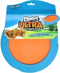 Blue and orange Chuckit Ultra Flight dog frisbee with textured surface and packaging featuring dog images.