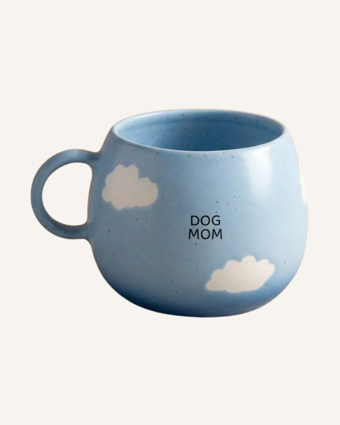 Light blue ceramic cloud mug with a rounded shape, cloud decals, and “Dog Mom” lettering.