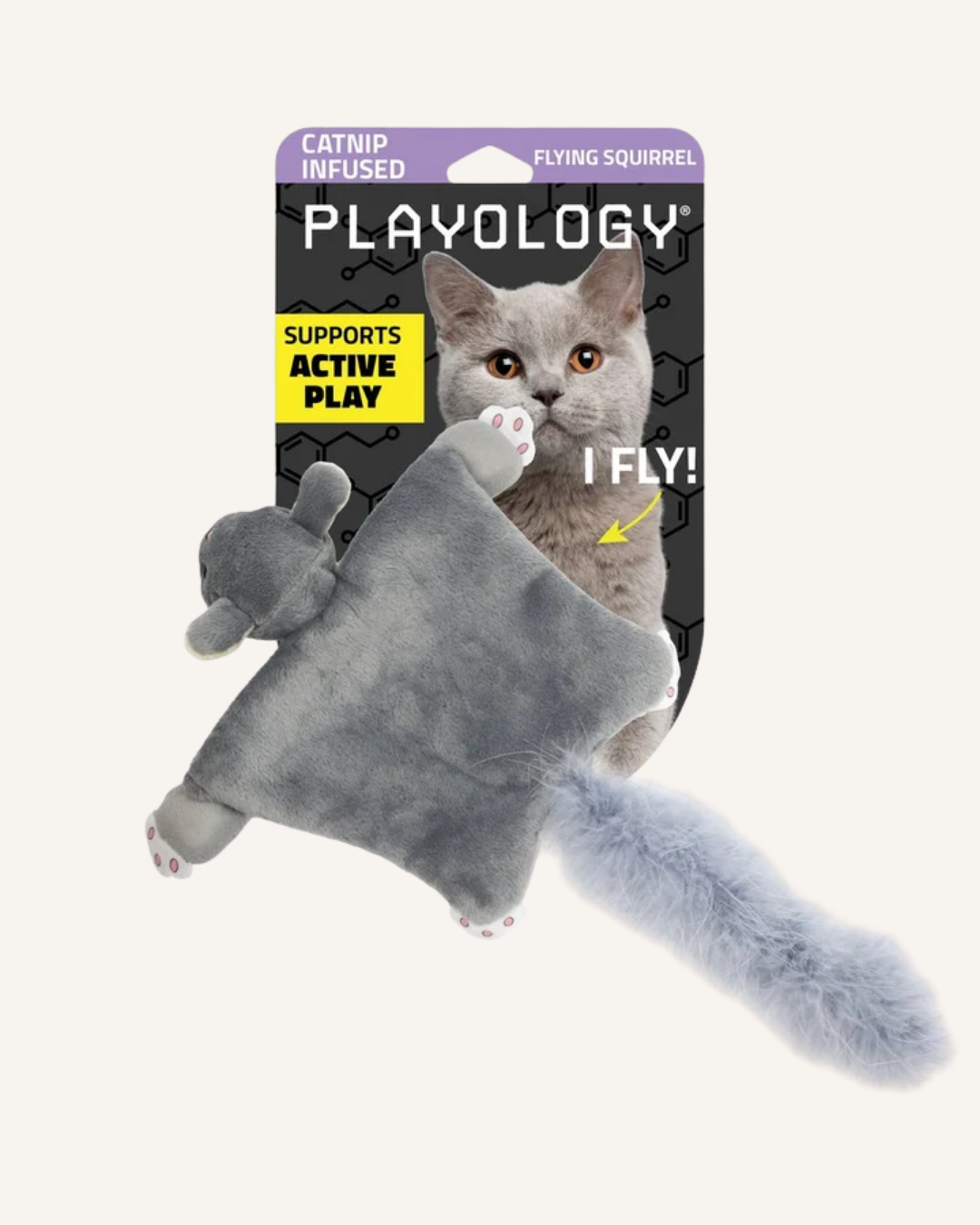 Gray plush flying squirrel cat toy with fuzzy tail, shown in front of Playology packaging.