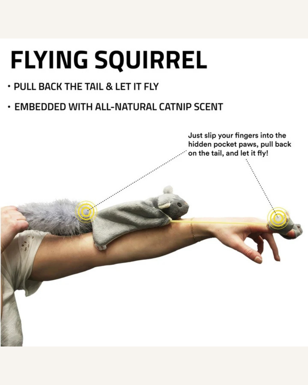 Gray plush flying squirrel cat toy with a long tail, yellow pull tabs, and embroidered facial features.