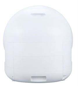 White automatic self-cleaning cat litter box with rounded top and compact design.