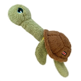 Plush green and brown turtle dog toy with soft fabric and Kong brand tag.