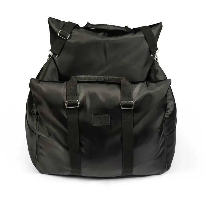Black premium pet car seat with adjustable straps and padded sides for safety and comfort.