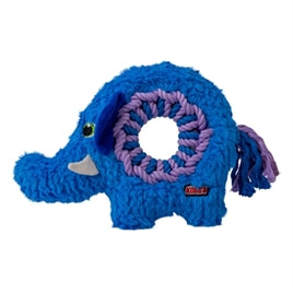 Blue plush elephant dog toy with purple rope ring and tail tassels.