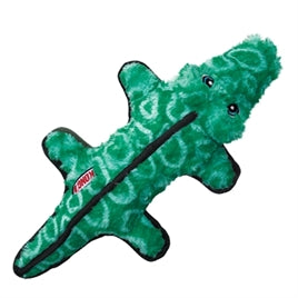 Green plush alligator dog toy with black stitched mouth and KONG brand tag.